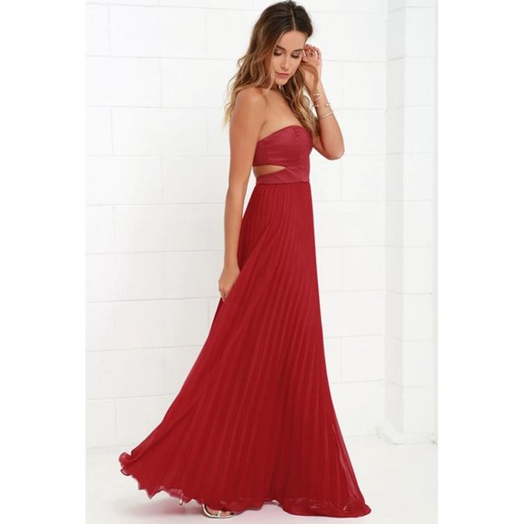 Lulu's Moment in Time Red Strapless Sweetheart Neck Accordion Maxi Dress Sz L - Picture 4 of 11